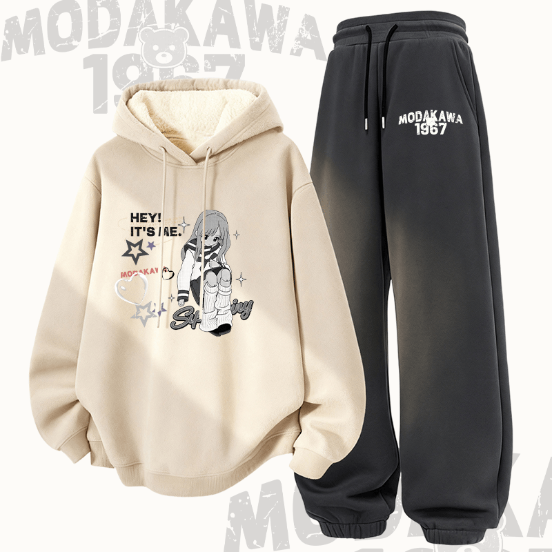 MODAKAWA HEY! IT'S ME Mädchen Grafik-Hoodie mit dickem Fleecefutter, zweiteiliges Set - Apricot&Dark Grey - 5XL - image 3