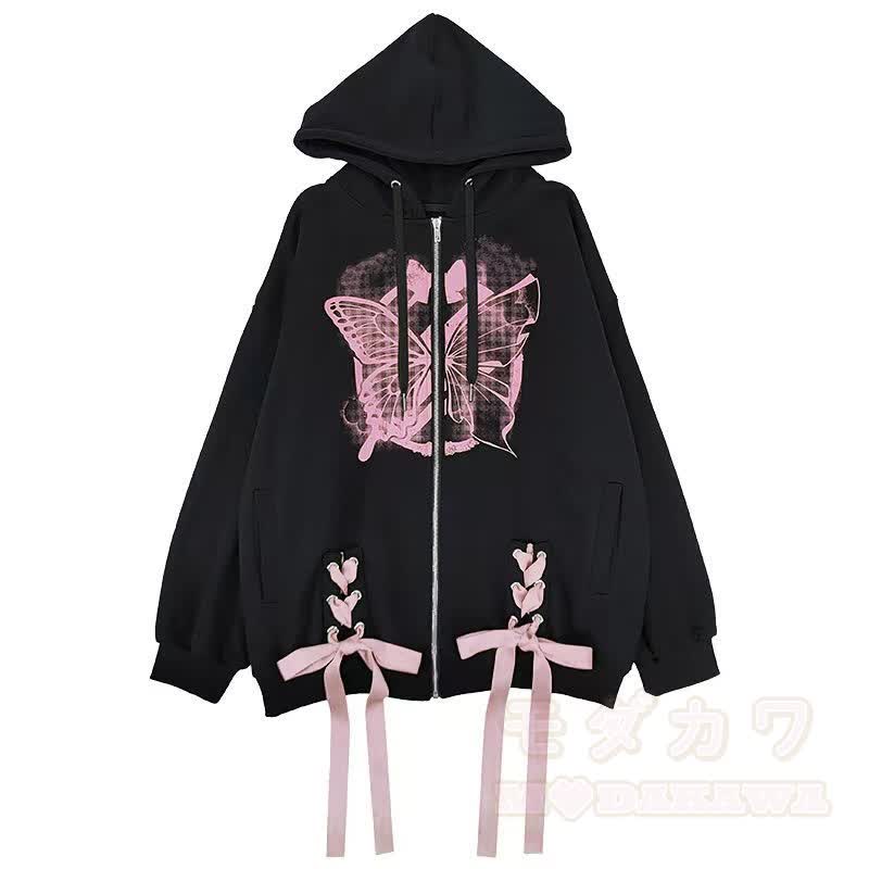 Gothic-Kapuzenjacke mit rosa Schmetterlingsmuster, Schleife und Reißverschluss - Schwarz - XL - image 6