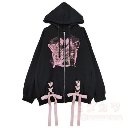 Gothic-Kapuzenjacke mit rosa Schmetterlingsmuster, Schleife und Reißverschluss - Schwarz - XL - image 6