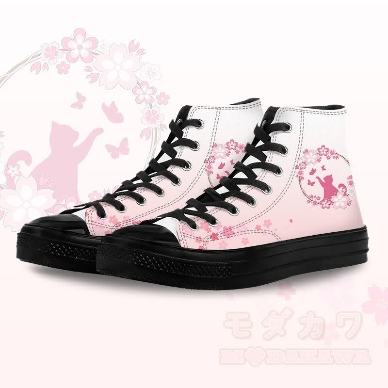 Modakawa Gradient High Top Canvas Schuhe mit Blumen- und Katzenmotiv - Schwarz B - 45 - image 5