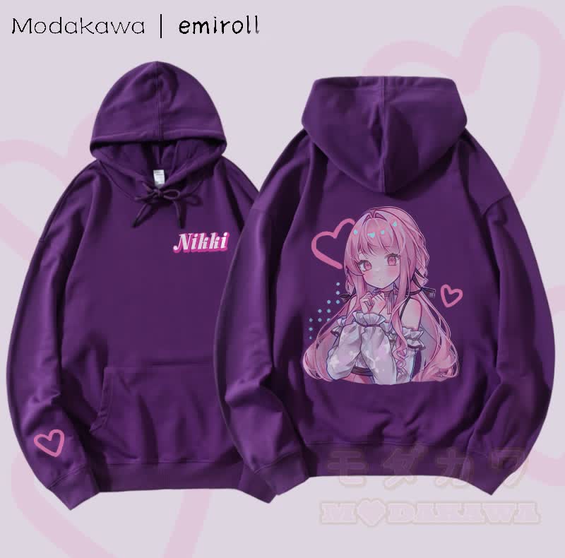 MODAKAWA X emiroll Nikki Herz-Grafik Baumwollmischung Passender Hoodie - Dunkelviolett - 5XL - image 5