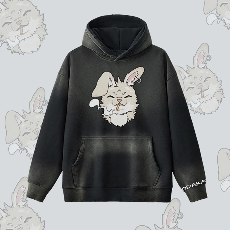 MODAKAWA Smoking Bunny Grafik Vintage Washed Fleece Lined Hoodie - Black - 2XL - image 5