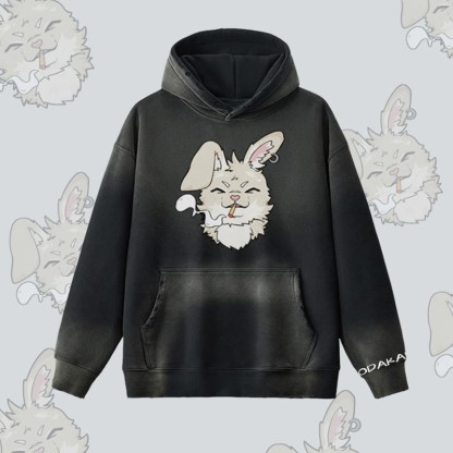 MODAKAWA Smoking Bunny Grafik Vintage Washed Fleece Lined Hoodie - Black - 2XL - image 5