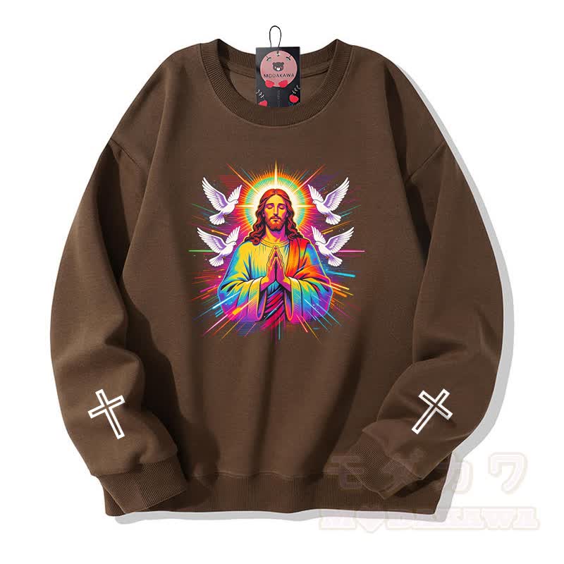 Modakawa Sweatshirt mit Regenbogen-Gebetstauben-Kreuz-Grafik - Braun - 5XL - image 5