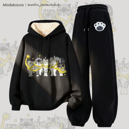 MODAKAWA X sumita_masataka Katzen-in-Sterne-Grafik: Zweiteiliges Set aus dick gefüttertem Hoodie und Hose mit Fleece-Futter - Black - 5XL - image 5
