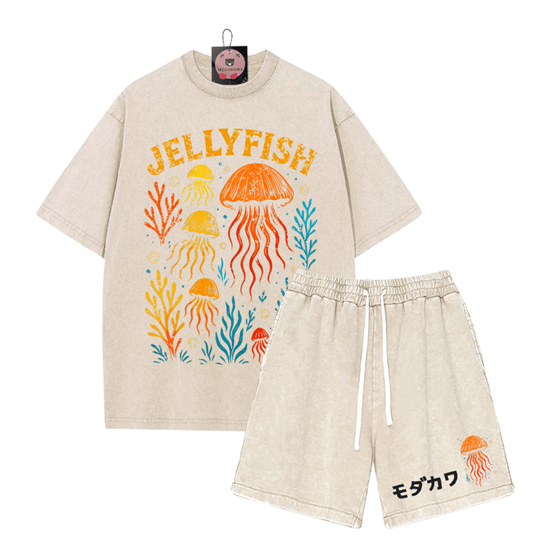 JELLYFISH T-Shirt Vintage Washed Shorts MODAKAWA Zweiteiliges Set - Apricot - 3XL - image 8