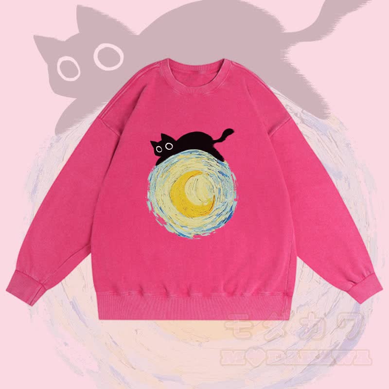 MODAKAWA Unisex-Sweatshirt mit Grafik „Schwarze Katze liegt auf dem Mond“ im Vintage-Stil - Rosenrot - 3XL - image 3