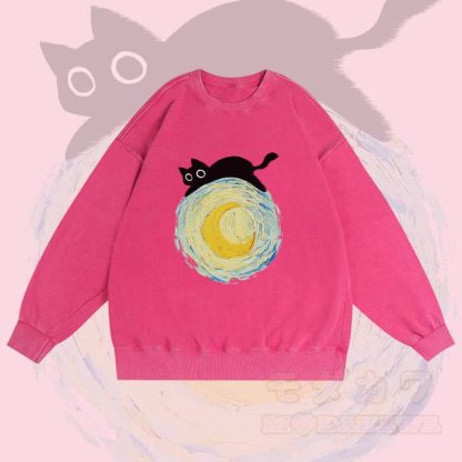 MODAKAWA Unisex-Sweatshirt mit Grafik „Schwarze Katze liegt auf dem Mond“ im Vintage-Stil - Rosenrot - 3XL - image 3