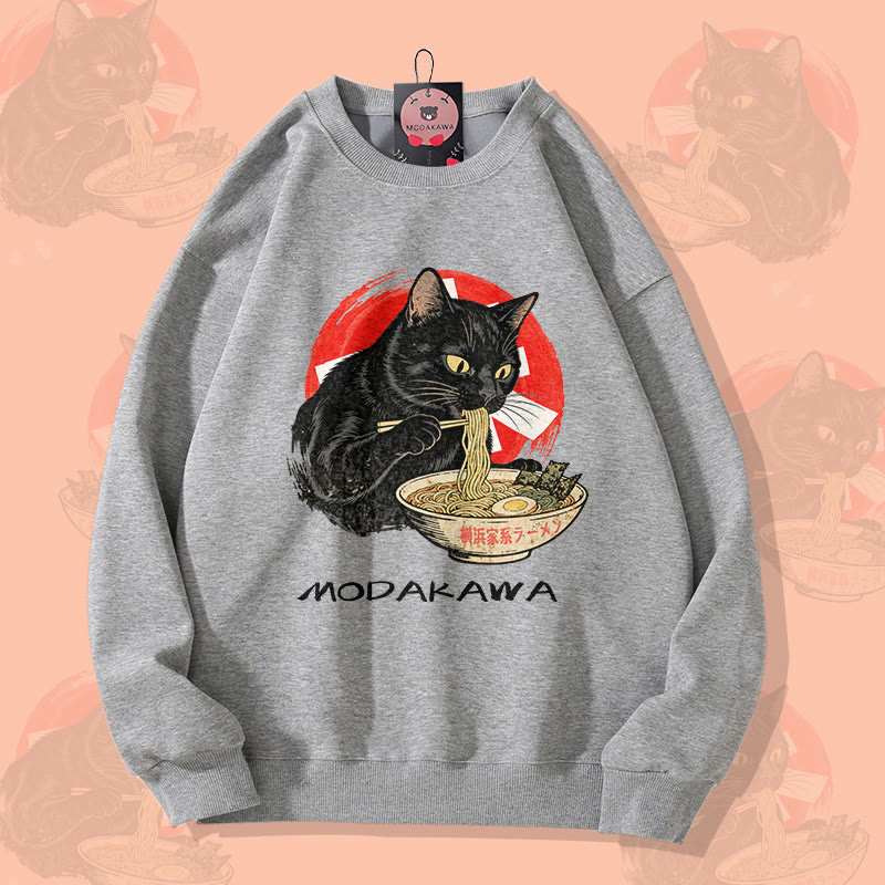 MODAKAWA Unisex-Sweatshirt mit schwarzer Katze beim Ramen-Essen-Motiv - Grey - 5XL - image 3