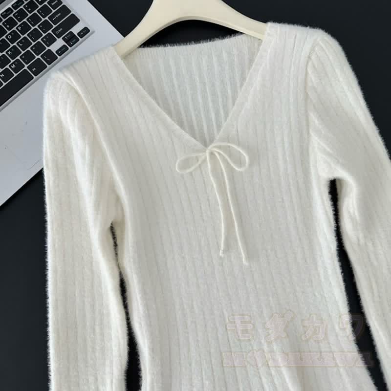 3D-Schleife, unregelmäßiger Strickpullover, weißes Kleid, passendes Outfit - image 4