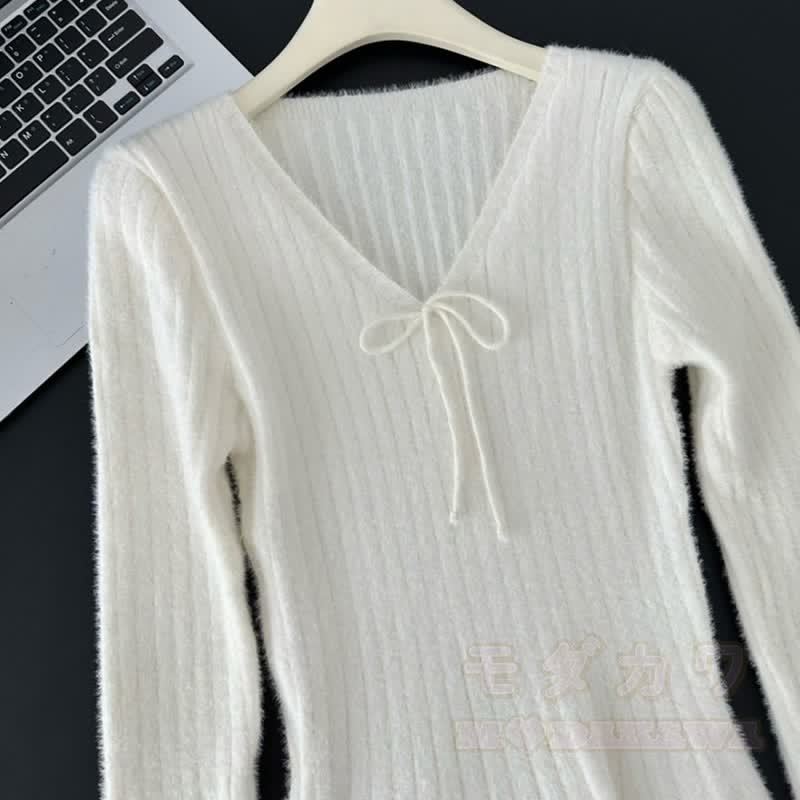 3D-Schleife, unregelmäßiger Strickpullover, weißes Kleid, passendes Outfit - image 4