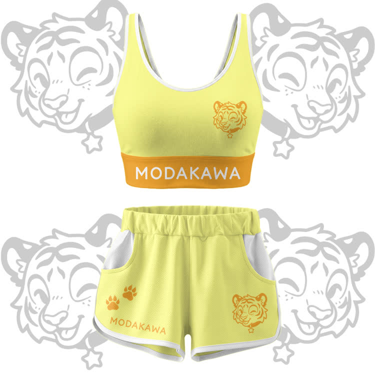 Happy Tiger Grafik Crop Tank Sport Top Shorts Bikini Modakawa passendes Outfit - Yellow Set - 5XL - image 12