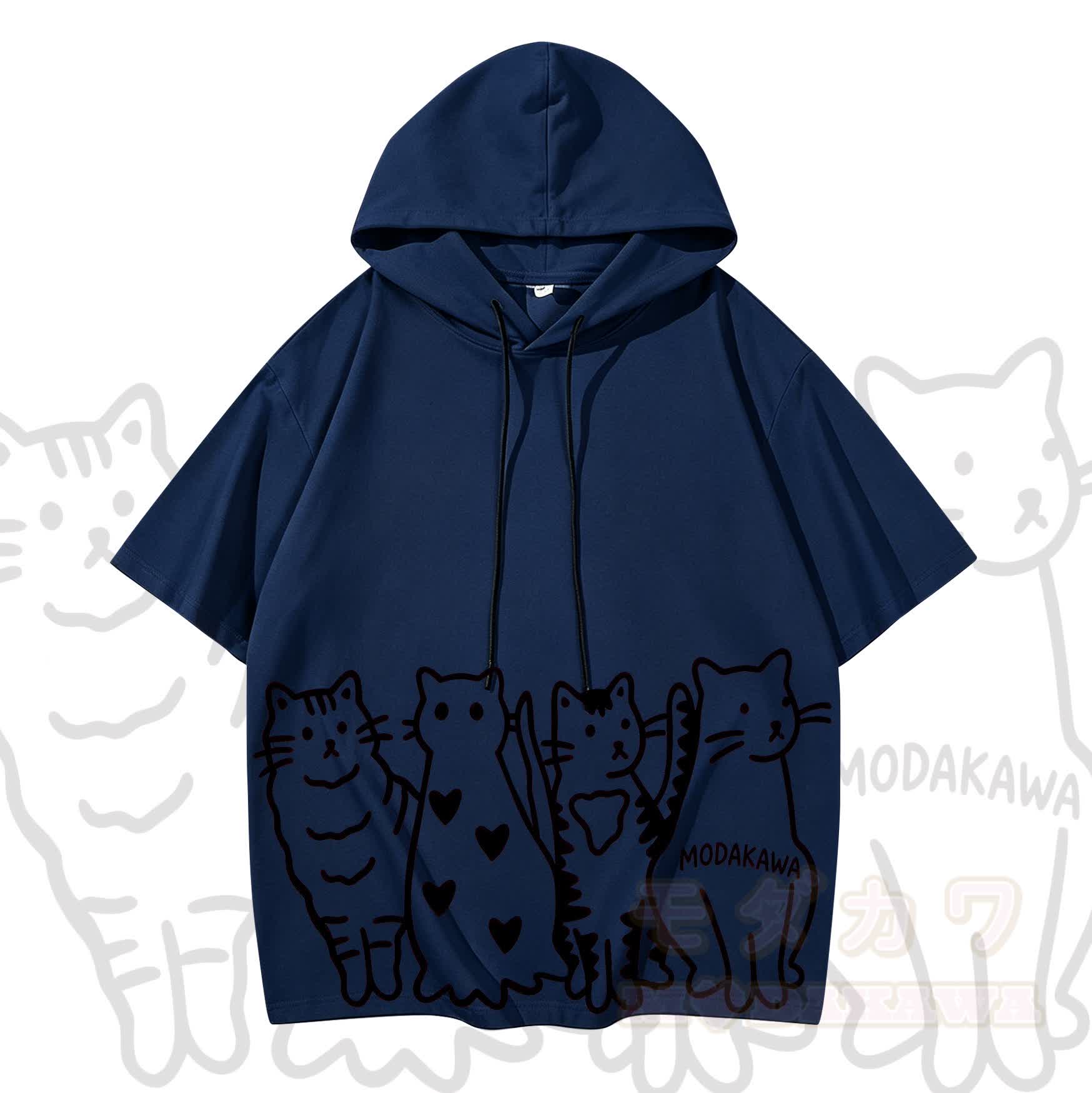 MODAKAWA Kurzarm-Hoodie mit verspieltem Katzenprint - Dunkelblau & Schwarz - 3XL - image 12