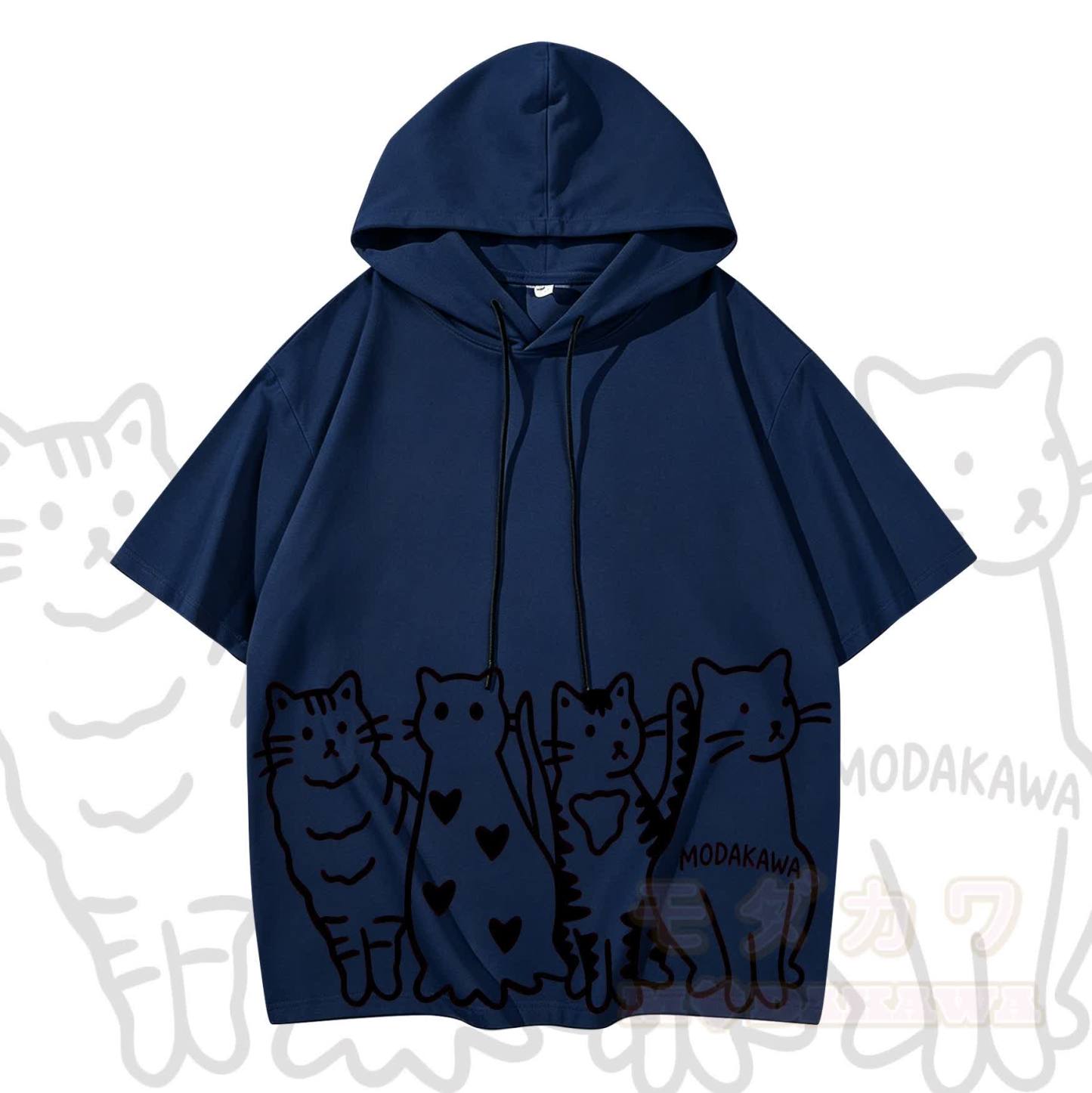 MODAKAWA Kurzarm-Hoodie mit verspieltem Katzenprint - Dunkelblau & Schwarz - 3XL - image 12