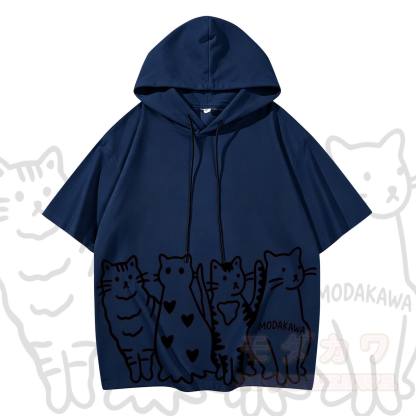 MODAKAWA Kurzarm-Hoodie mit verspieltem Katzenprint - Dunkelblau & Schwarz - 3XL - image 12