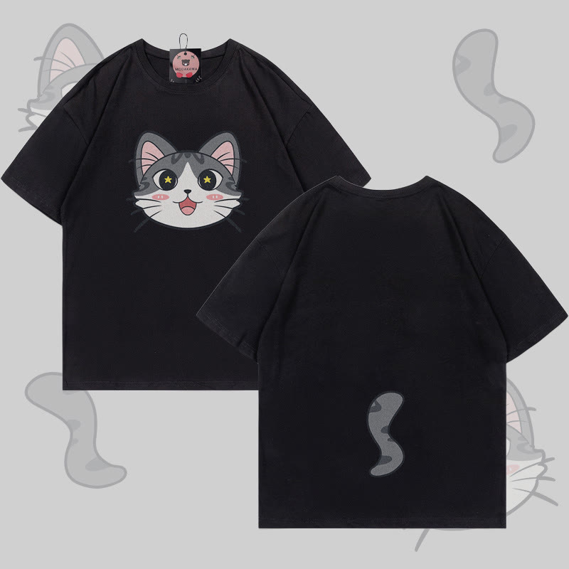 MODAKAWA Katzenkopf- und Schwanzgrafik-T-Shirt - Black - 5XL - image 4