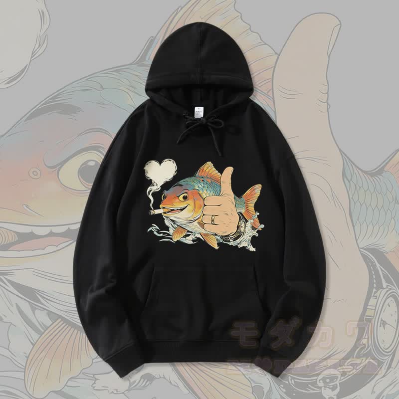 MODAKAWA Smoking Fish Grafik Streetwear Pullover Hoodie - Schwarz - 5XL - image 3