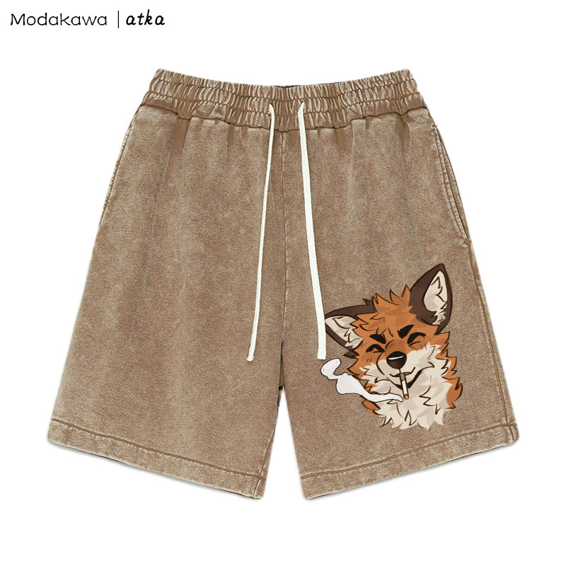MODAKAWA X atka Fox Smoking Graphic Vintage Washed Shorts - Braun - 3XL - image 4