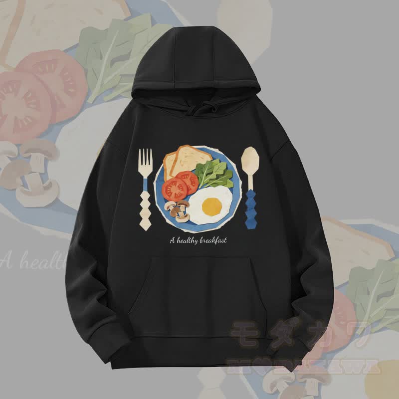 MODAKAWA Hoodie mit Grafik zum Thema „Gesundes Frühstück“ (schwerer Stoff) - Schwarz - 2XL - image 3