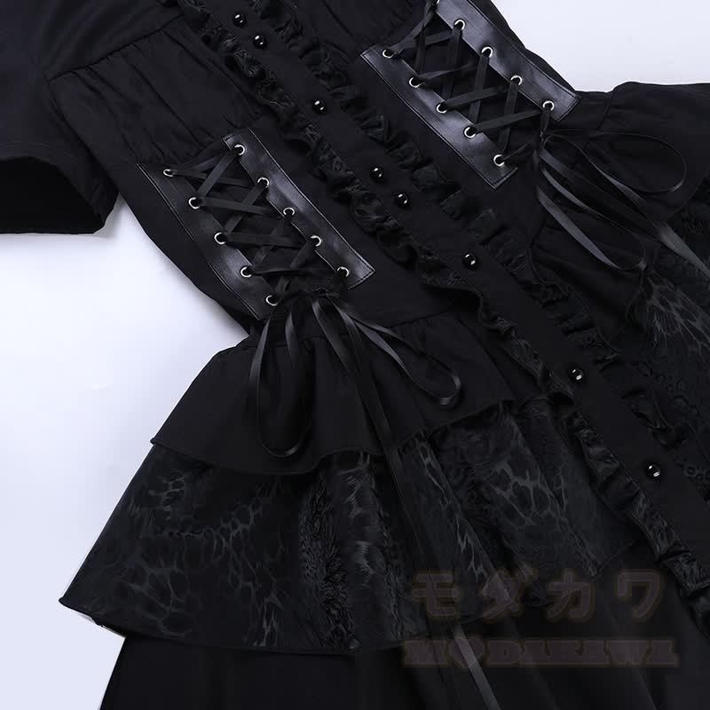 Süßes, zierliches Gothic-Kleid mit hohem Kragen, Schnürung und kurzen Ärmeln - image 6