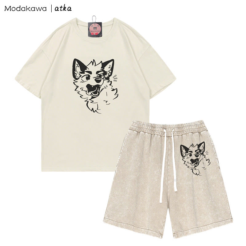 MODAKAWA X atka Verspieltes T-Shirt mit Fuchsgesicht-Grafik und verwaschenen Vintage-Shorts, zweiteiliges Set - Beige - 3XL - image 3