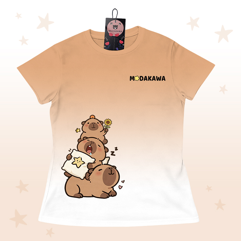 T-Shirt mit Farbverlauf und Capybara-Grafik, Shorts mit Buchstabengrafik von Modakawa, passendes Outfit - Brown & White T-shirt - 5XL - image 4