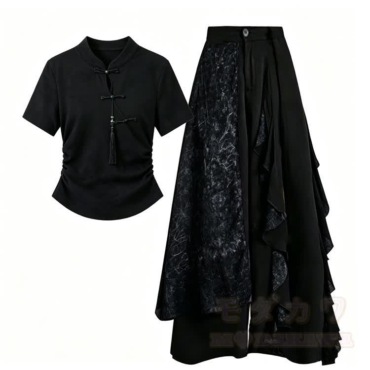 Women's Chinese Knot Tassel Top and Layered Wide Leg Pants - image 3