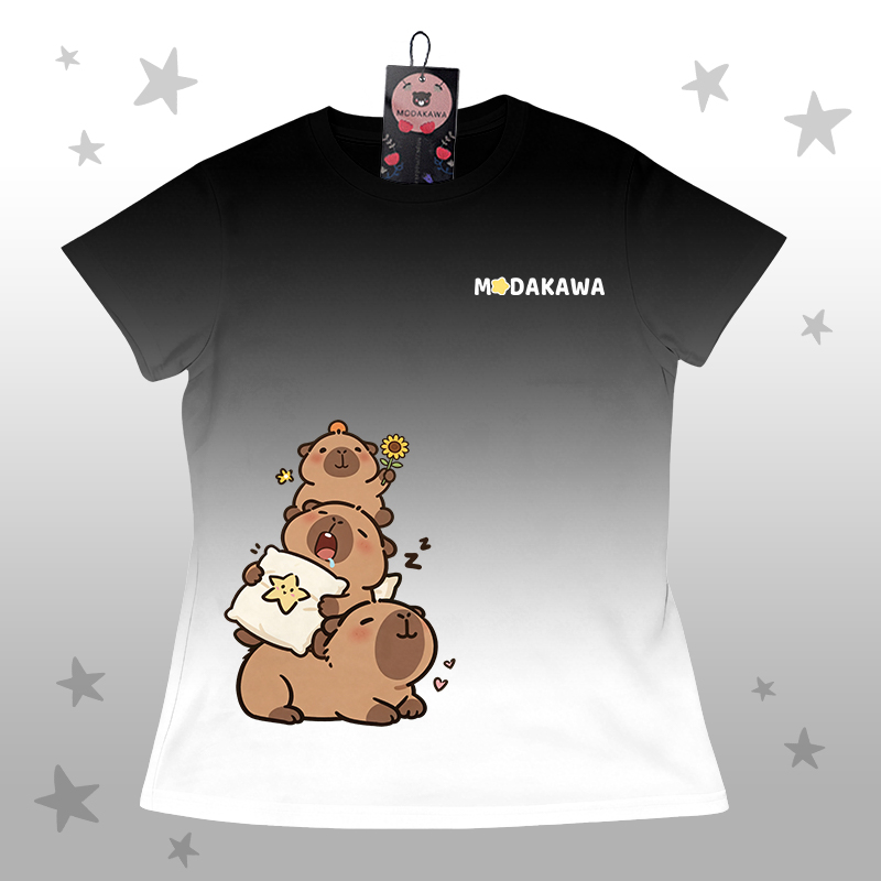 T-Shirt mit Farbverlauf und Capybara-Grafik, Shorts mit Buchstabengrafik von Modakawa, passendes Outfit - Black & White T-shirt - 5XL - image 6