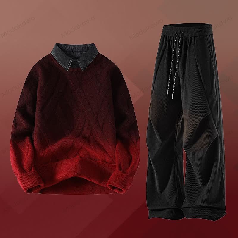 Zweiteiliger Pullover in Strickoptik mit Lagenlook und Cordhose - Satz J - 3XL - image 10