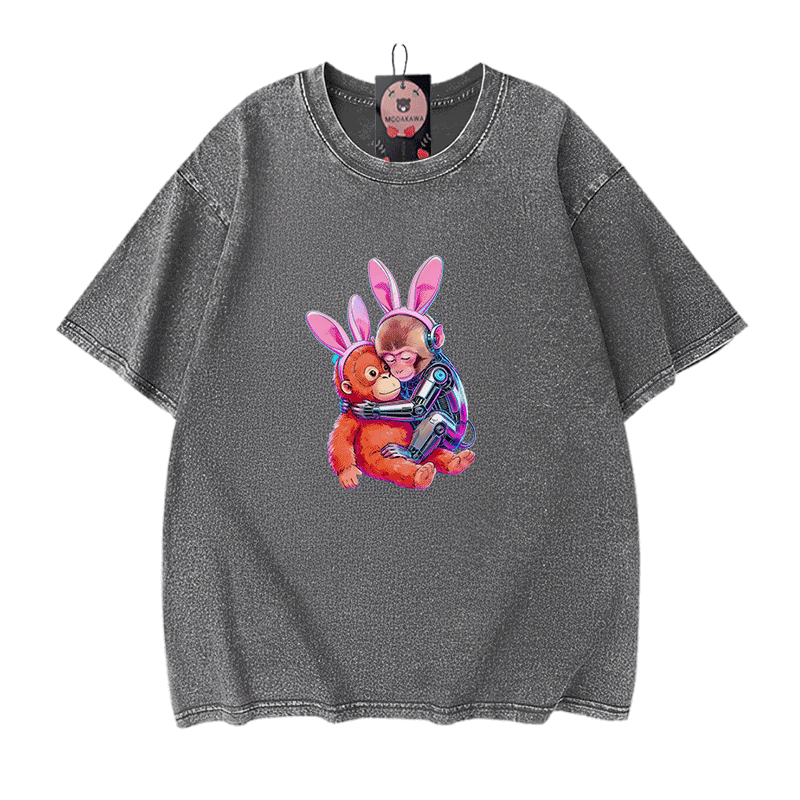 Modakawa Vintage T-Shirt mit Cyber-Affen-Motiv, gewaschen aus 100 % Baumwolle - Grey - 5XL - image 9