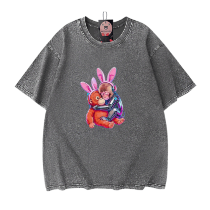 Modakawa Vintage T-Shirt mit Cyber-Affen-Motiv, gewaschen aus 100 % Baumwolle - Grey - 5XL - image 9