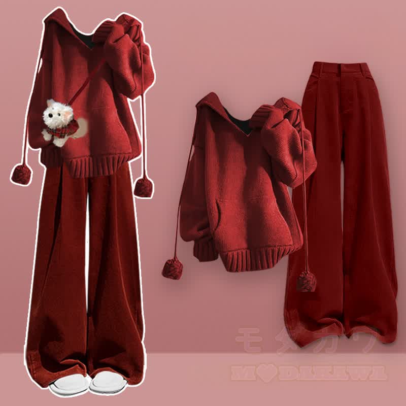 Zweiteiliges Set: Strickpullover mit Farben -Design und weite Hose - Satz D - XL - image 4