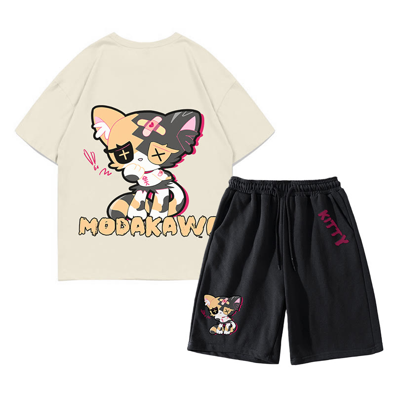 Sad Kitty Grafik Dark Aesthetic T-Shirt Shorts Zweiteiliges Set - Beige&Schwarz - A - 5XL - image 4