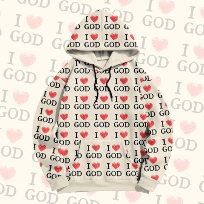 MODAKAWA „ I Love God“ Pullover-Hoodie mit Allover-Print - Apricot - 8XL - image 2