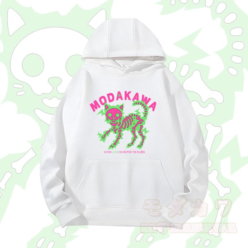MODAKAWA Schwergewichtiger Hoodie mit elektrisiertem Skelettkatzen-Motiv - Weiß A - 2XL - image 3