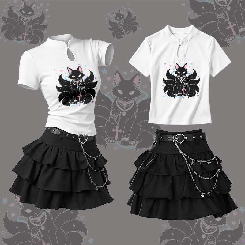 Zweiteiliges Set von Modakawa: T-Shirt mit Vintage-Schnalle und Grafik eines neunschwänzigen Fuchses, Rüschen-Minirock - Set B - L - image 2