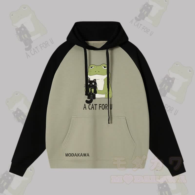 A CAT FOR U – Kapuzenpullover mit Frosch-Umarmung und schwarzer Katze, Grafik, Streetwear, Farben - Schwarz&Grün - 3XL - image 4
