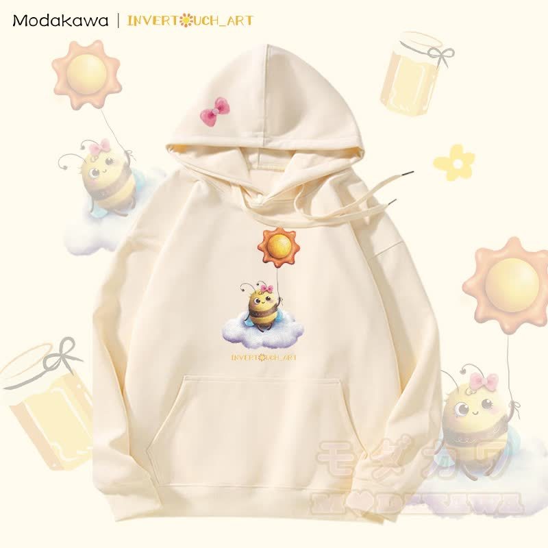 MODAKAWA X INVERTOUCH_ART Kapuzenpullover mit Sonnenbienen-Motiv und Fleece-Futter - Aprikose - 5XL - image 5