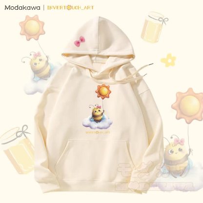 MODAKAWA X INVERTOUCH_ART Kapuzenpullover mit Sonnenbienen-Motiv und Fleece-Futter - Aprikose - 5XL - image 5