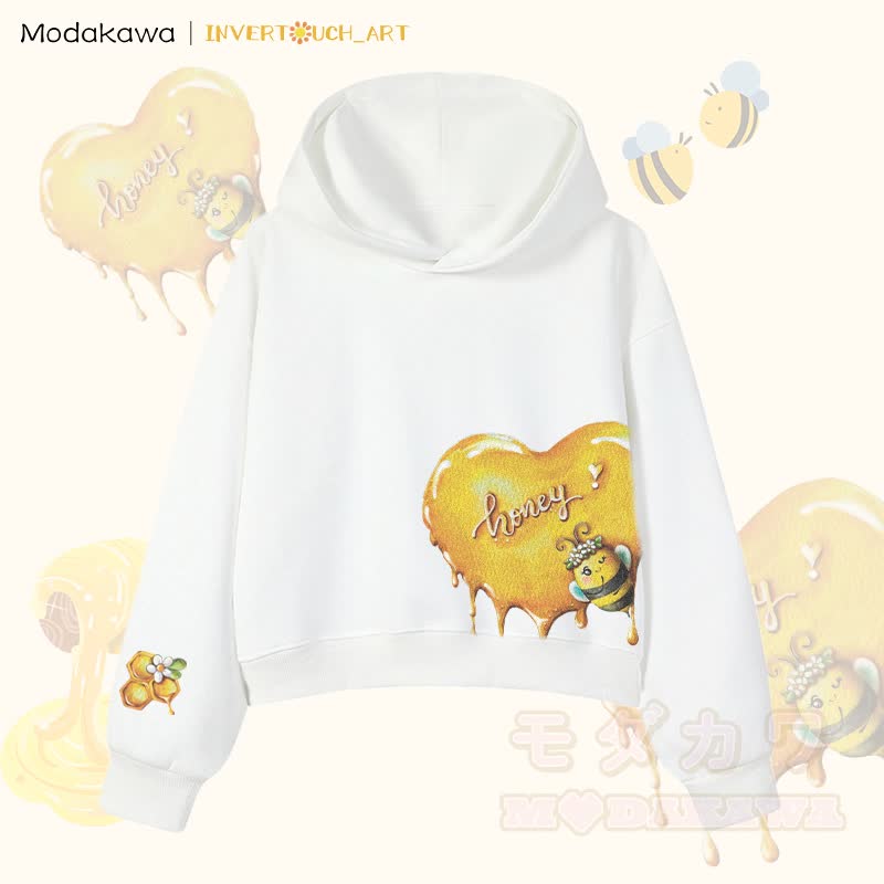 MODAKAWA X INVERTOUCH_ART Honigbienen-Grafik Modakawa Cropped Cotton Hoodie - Weiß A - 3XL - image 7