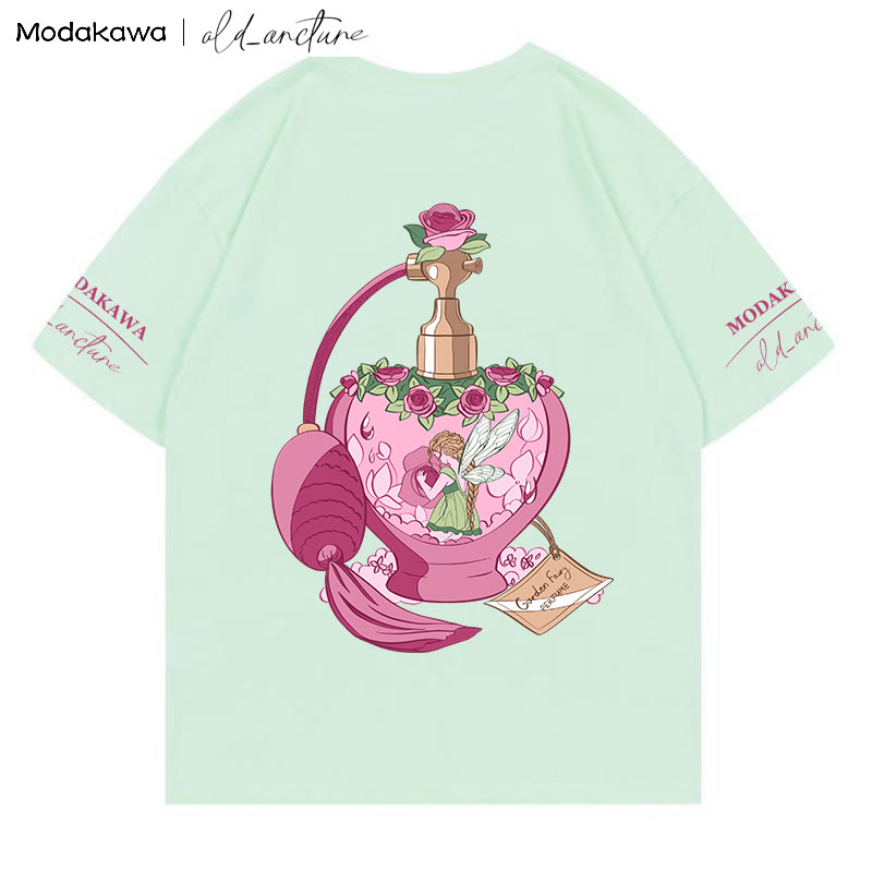 MODAKAWA X old_arcture Rose Angel Parfümflasche Buchstabenprint T-Shirt - Green - 5XL - image 4
