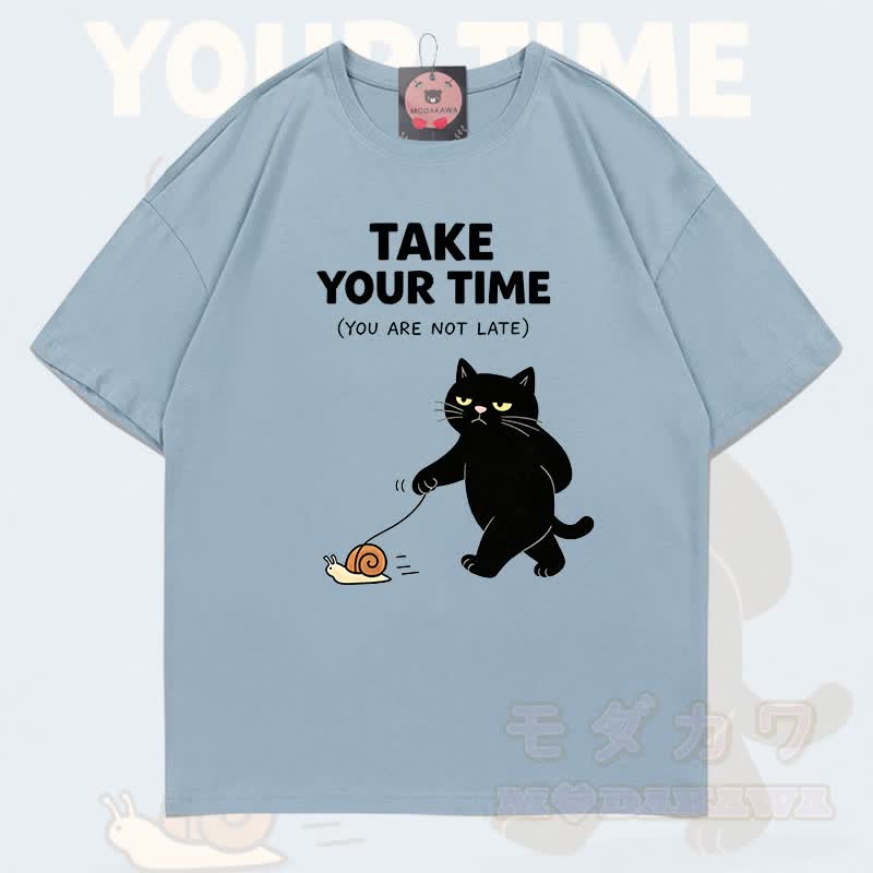 MODAKAWA TAKE YOUR TIME Katzenmotiv T-Shirt aus 100 % Baumwolle - Hellgraublau - 5XL - image 12