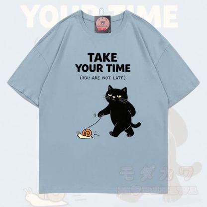 MODAKAWA TAKE YOUR TIME Katzenmotiv T-Shirt aus 100 % Baumwolle - Hellgraublau - 5XL - image 12