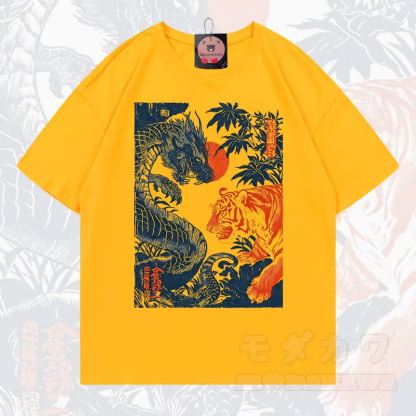 MODAKAWA Sommer-T-Shirt mit Drachen- und Tigerprint, lockere Passform, Kurzarm - Gelb - 5XL - image 15