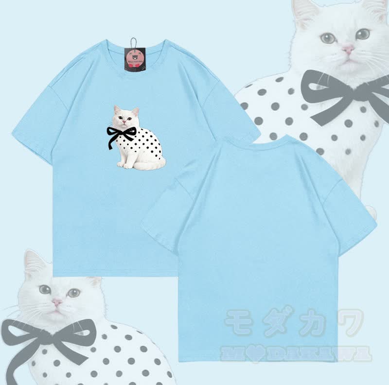Modakawa T-Shirt aus 100 % Baumwolle mit Katzenmotiv und Polka-Dots - Himmelblau - 5XL - image 7