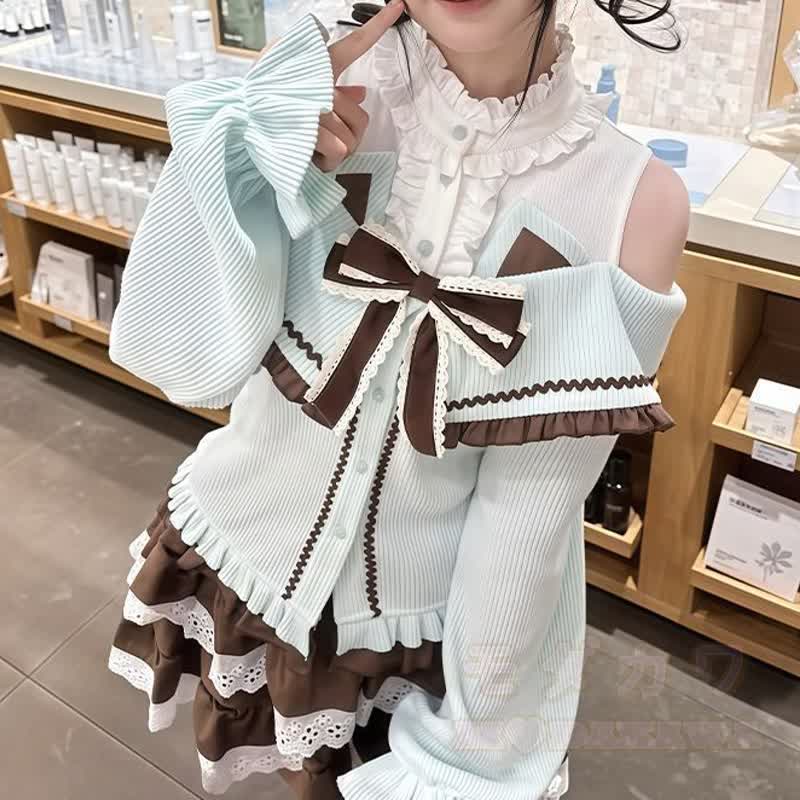 Zweiteiliges Set: Süßer schulterfreier Strickpullover mit Schleife und Rüschenrock mit Spitze - Spitze - XL - image 4
