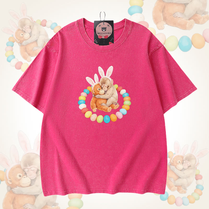 Modakawa Unisex Vintage Washed T-Shirt mit Osterei-Affen-Motiv - Rose Red - 5XL - image 8