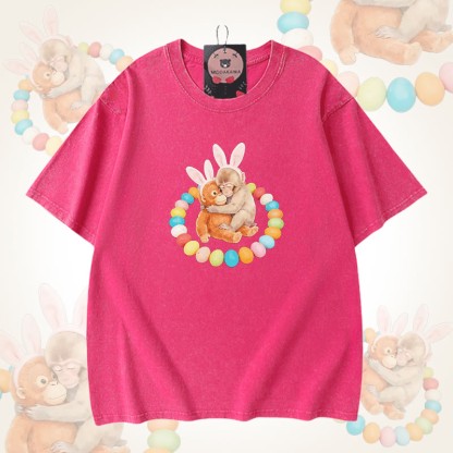 Modakawa Unisex Vintage Washed T-Shirt mit Osterei-Affen-Motiv - Rose Red - 5XL - image 8