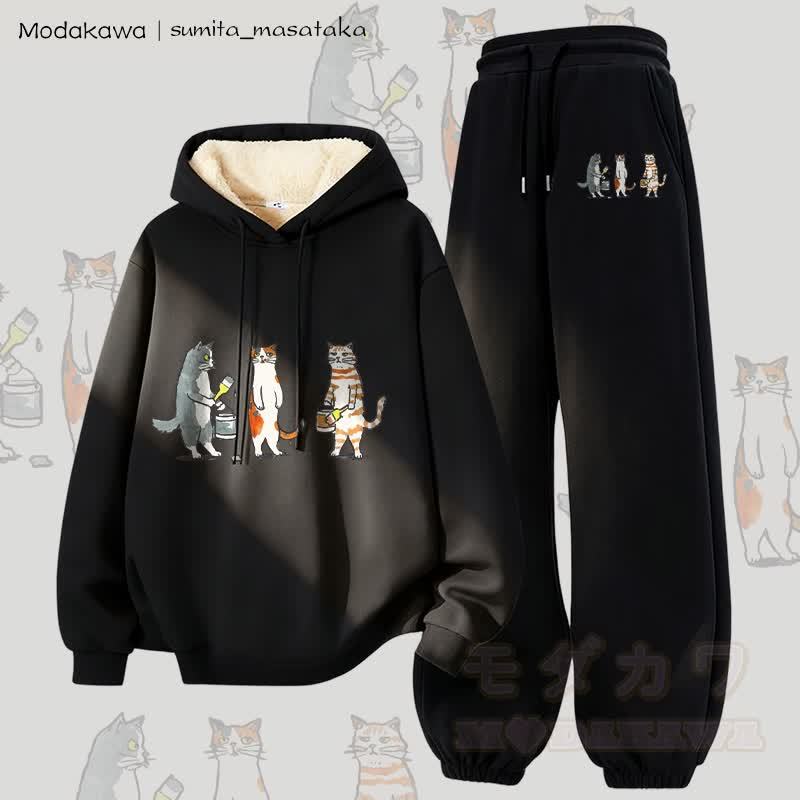 MODAKAWA X sumita_masataka Katzenmaler-Grafik: Zweiteiliges Set aus dick gefüttertem Hoodie und Hose mit dickem Fleece-Futter - Schwarz - 5XL - image 4