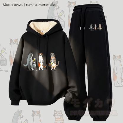 MODAKAWA X sumita_masataka Katzenmaler-Grafik: Zweiteiliges Set aus dick gefüttertem Hoodie und Hose mit dickem Fleece-Futter - Schwarz - 5XL - image 4